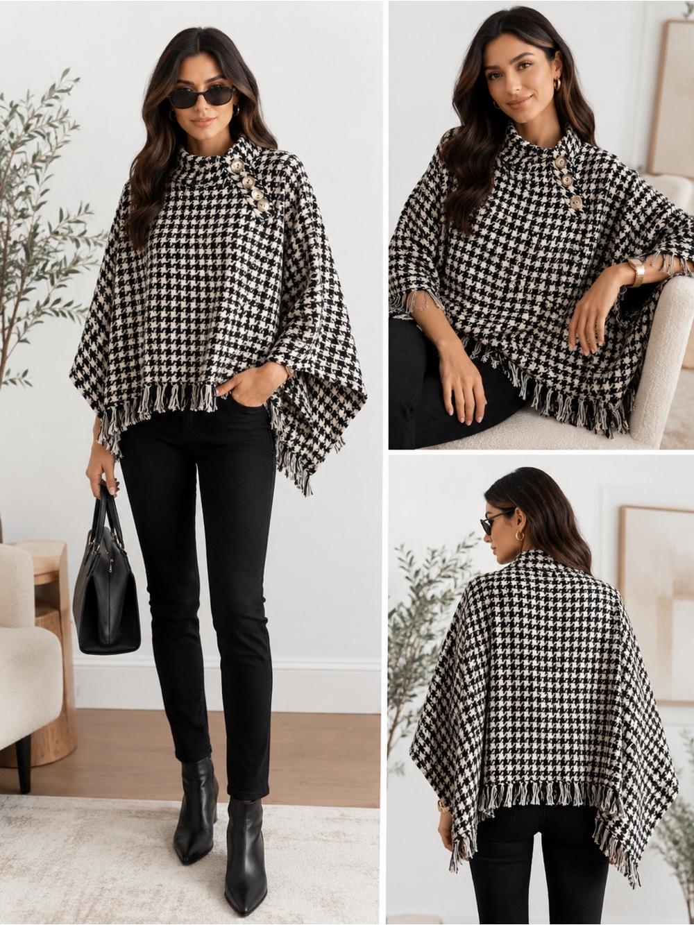 Zara Woman XS Houndstooth Poncho Cape Fringe Button Sweater Black Cream Luxury - Picture 2 of 8